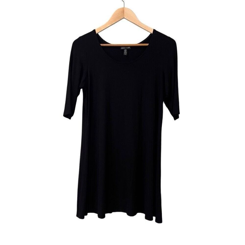 EILEEN FISHER Jersey Tunic Top Size Medium Lagenlook Short Sleeve Black